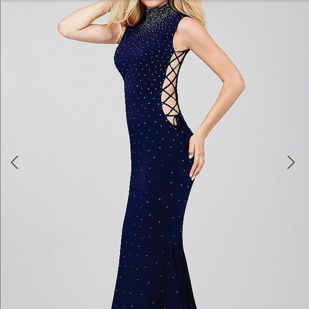 Jovani navy lace up prom dress